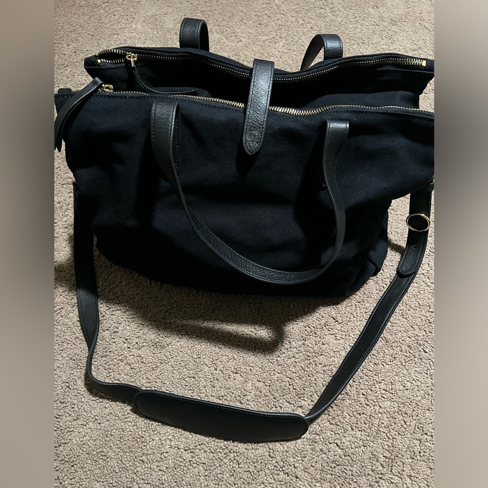 Cuyana Black Canvas Tote with Leather Straps and Gold Hardware